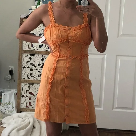 Urban Outfitters | Dresses | Urban Outfitters Orange Cotton Lightweight  Fullylined Button Ruffle Mini Dress